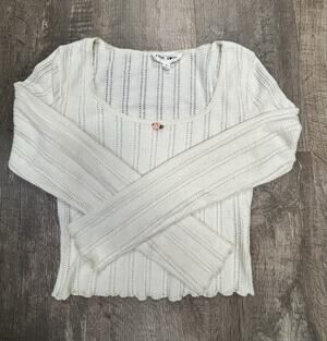 Pink Rose Pointelle Knit Top Women Small White Ribbed Long Sleeve Rosette